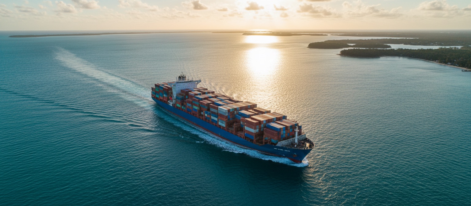 Cargo ship in Caribbean waters